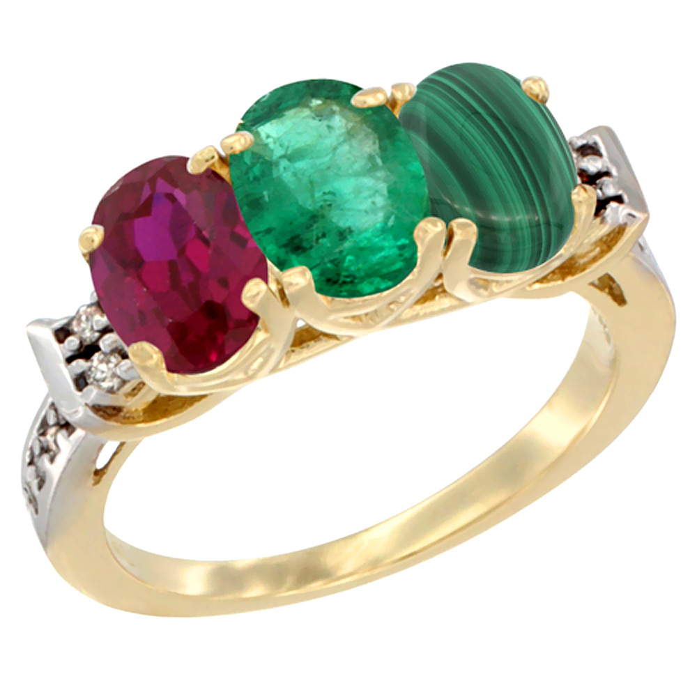 14K Yellow Gold Enhanced Ruby, Natural Emerald & Malachite Ring 3-Stone Oval 7x5 mm Diamond Accent, sizes 5 - 10
