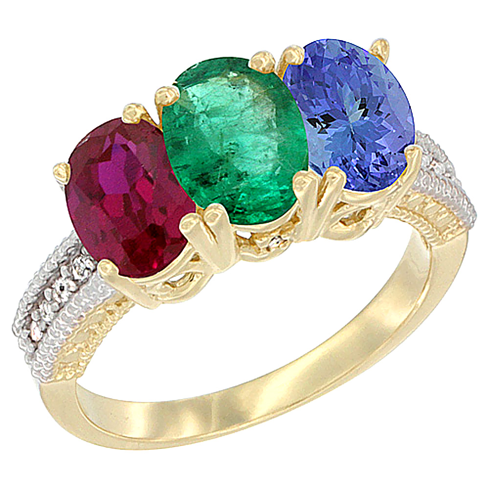 14K Yellow Gold Enhanced Enhanced Ruby, Natural Emerald &amp; Tanzanite Ring 3-Stone Oval 7x5 mm Diamond Accent, sizes 5 - 10