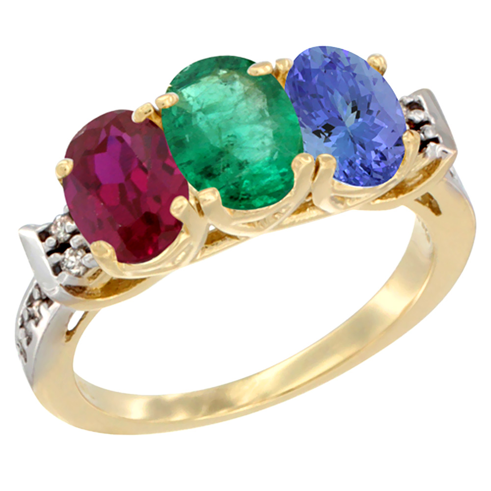 14K Yellow Gold Enhanced Ruby, Natural Emerald &amp; Tanzanite Ring 3-Stone Oval 7x5 mm Diamond Accent, sizes 5 - 10