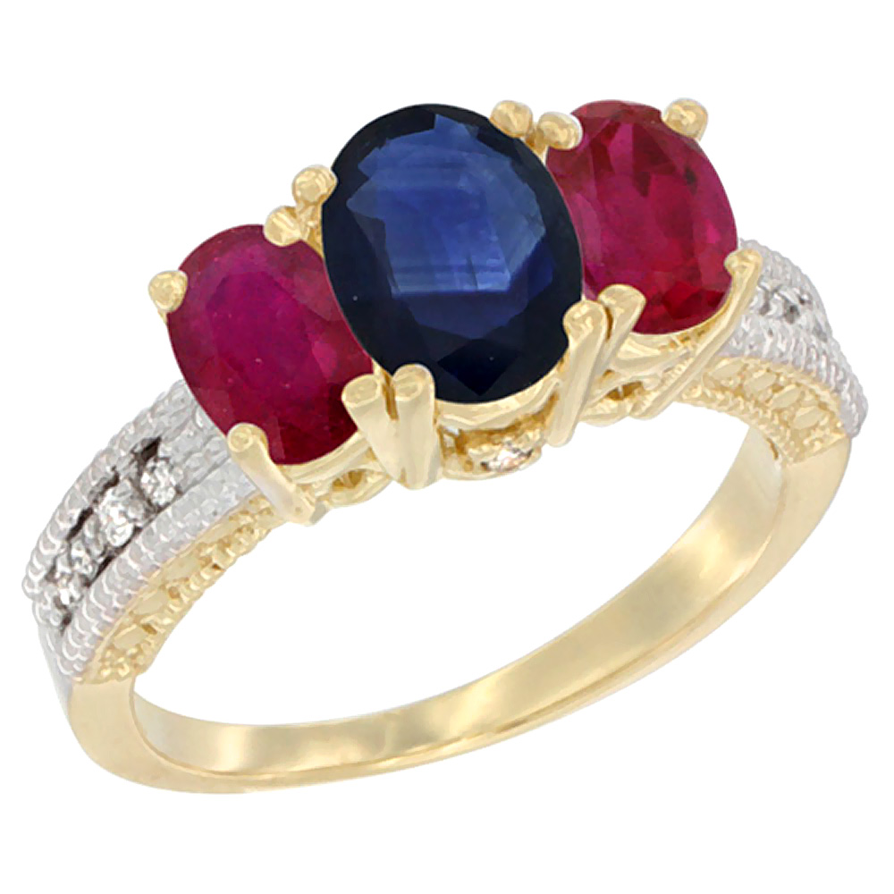 10K Yellow Gold Diamond Natural Blue Sapphire Ring Oval 3-stone with Enhanced Ruby, sizes 5 - 10