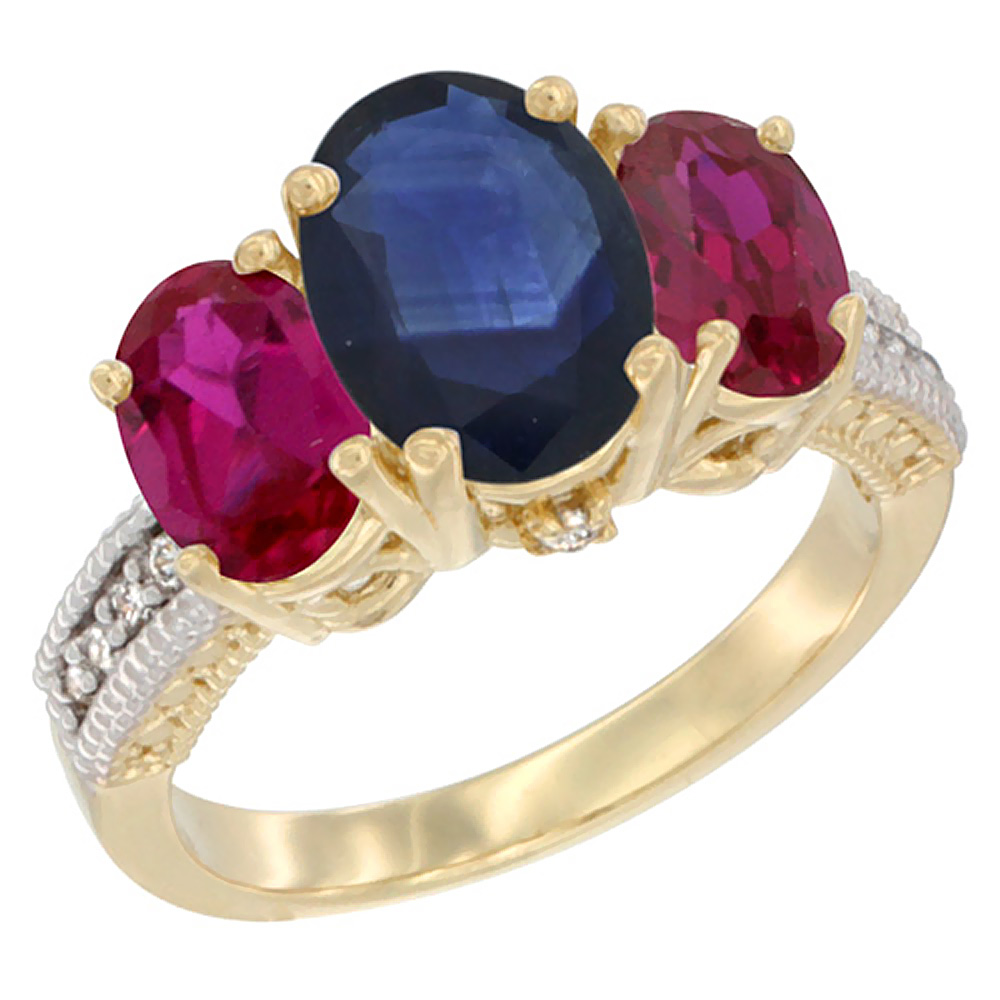 10K Yellow Gold Diamond Natural Blue Sapphire Ring 3-Stone Oval 8x6mm with Ruby, sizes5-10
