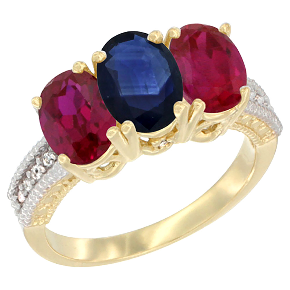 10K Yellow Gold Natural Blue Sapphire &amp; Enhanced Ruby Ring 3-Stone Oval 7x5 mm, sizes 5 - 10
