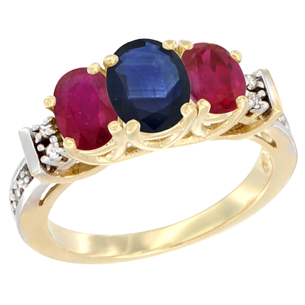 14K Yellow Gold Natural Blue Sapphire &amp; Enhanced Ruby Ring 3-Stone Oval Diamond Accent