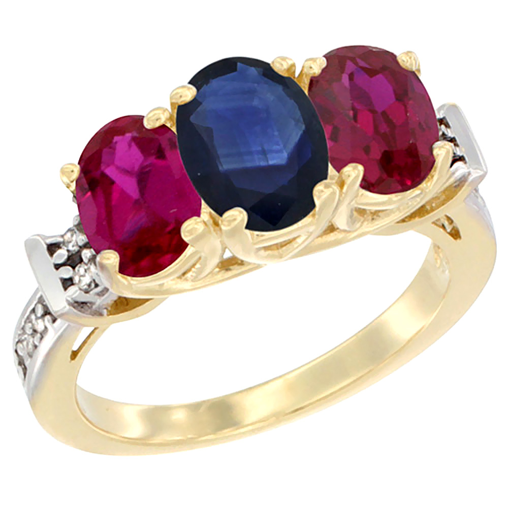 10K Yellow Gold Natural Blue Sapphire &amp; Enhanced Ruby Sides Ring 3-Stone Oval Diamond Accent, sizes 5 - 10