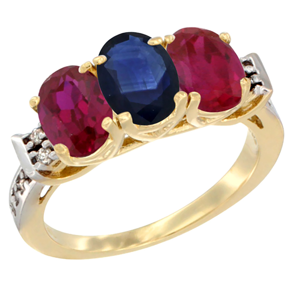 14K Yellow Gold Natural Blue Sapphire &amp; Enhanced Ruby Sides Ring 3-Stone Oval 7x5 mm Diamond Accent, sizes 5 - 10