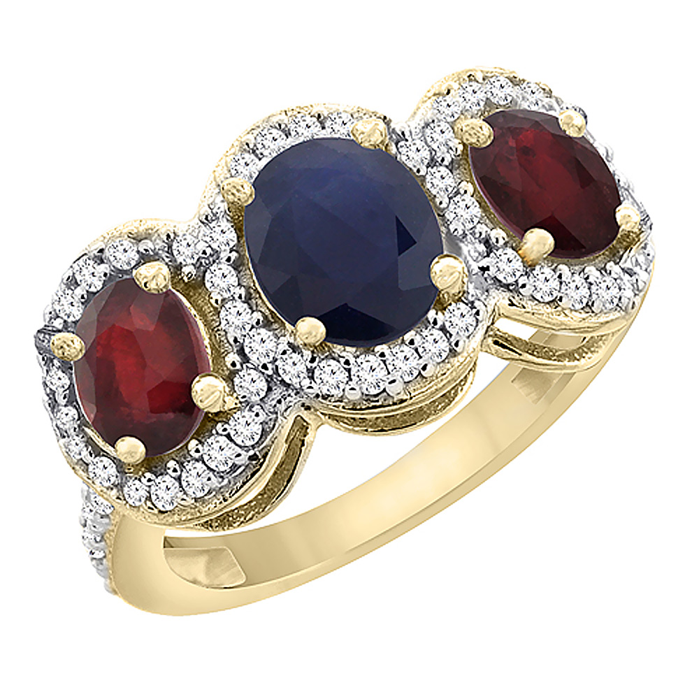14K Yellow Gold Natural Blue Sapphire & Enhanced Ruby 3-Stone Ring Oval Diamond Accent, sizes 5 - 10