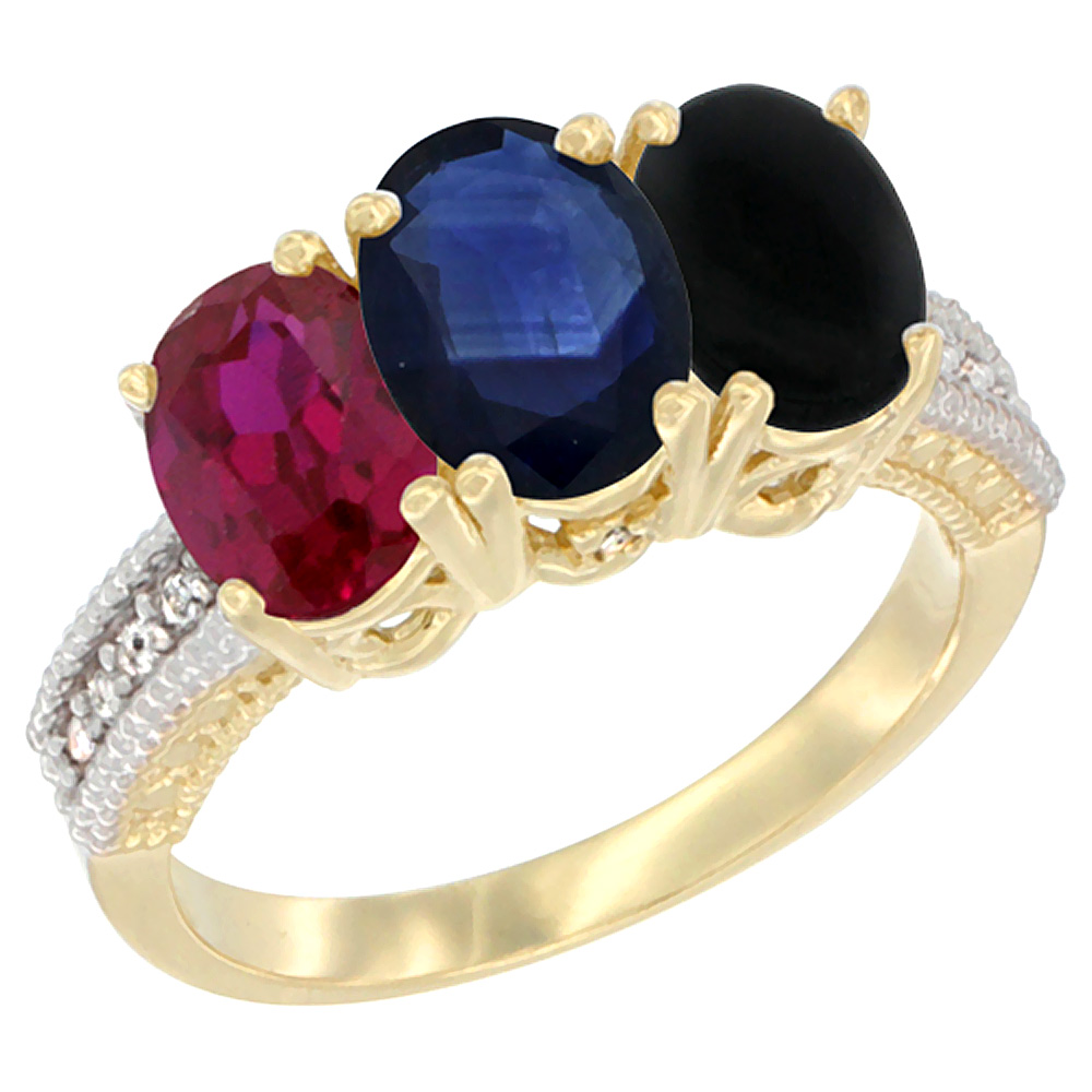 10K Yellow Gold Enhanced Ruby, Natural Blue Sapphire & Black Onyx Ring 3-Stone Oval 7x5 mm, sizes 5 - 10