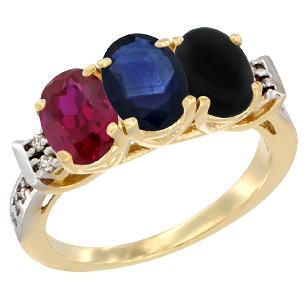 14K Yellow Gold Enhanced Ruby, Natural Blue Sapphire & Black Onyx Ring 3-Stone Oval 7x5 mm Diamond Accent, sizes 5 - 10