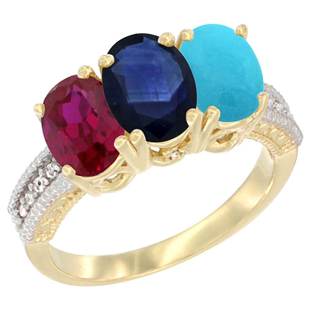 14K Yellow Gold Enhanced Enhanced Ruby, Natural Blue Sapphire &amp; Turquoise Ring 3-Stone Oval 7x5 mm Diamond Accent, sizes 5 - 10