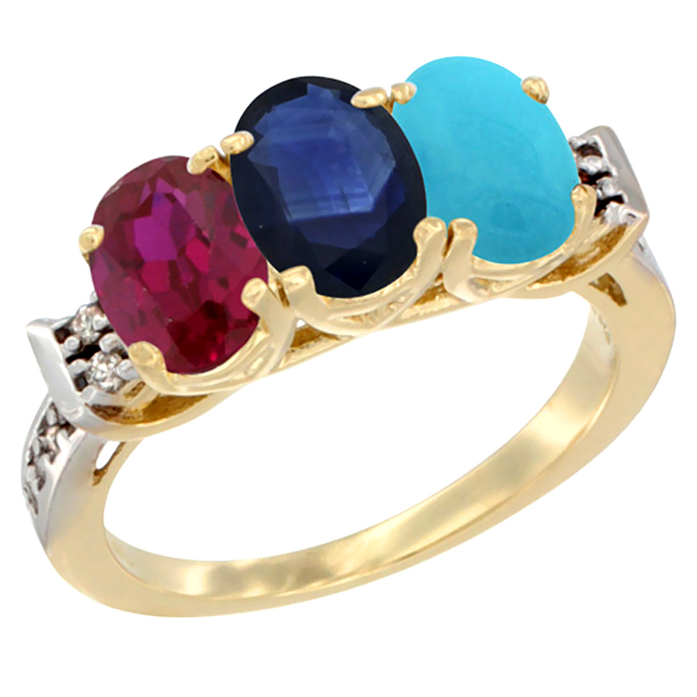 14K Yellow Gold Enhanced Ruby, Natural Blue Sapphire &amp; Turquoise Ring 3-Stone Oval 7x5 mm Diamond Accent, sizes 5 - 10