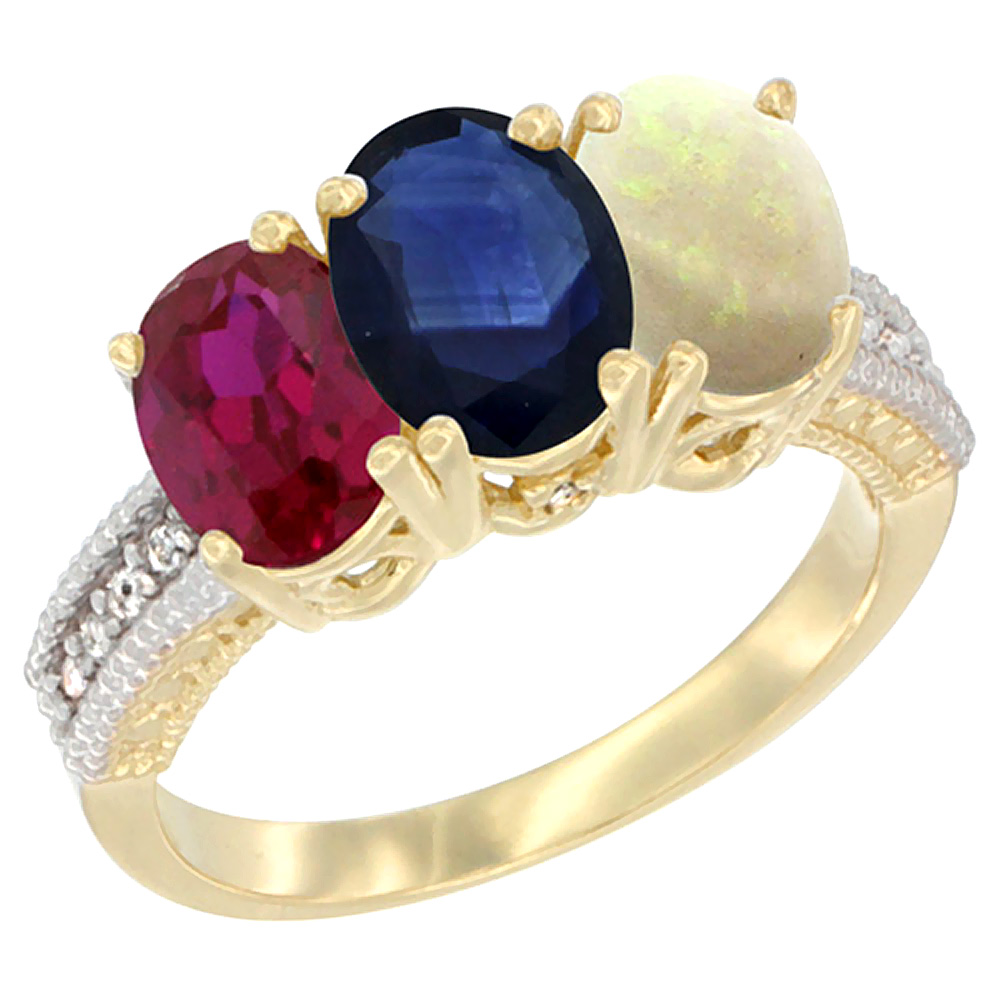 14K Yellow Gold Enhanced Enhanced Ruby, Natural Blue Sapphire &amp; Opal Ring 3-Stone Oval 7x5 mm Diamond Accent, sizes 5 - 10