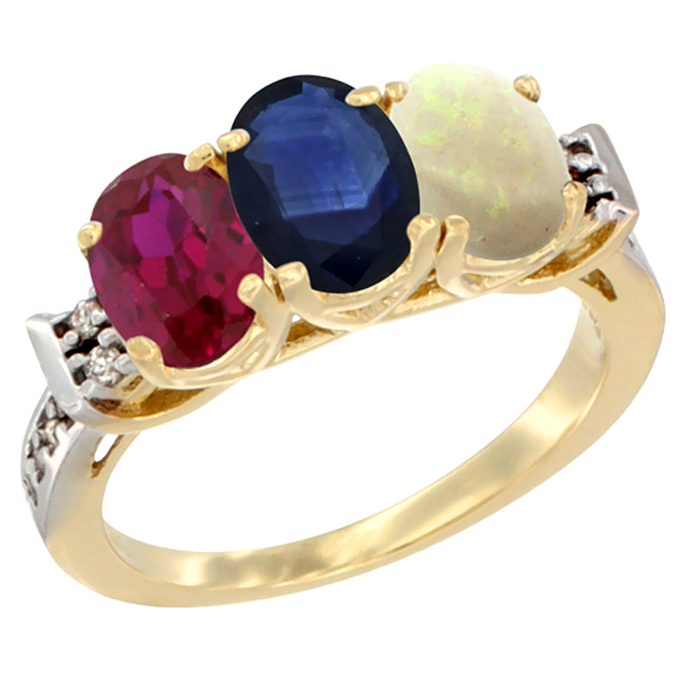 10K Yellow Gold Enhanced Ruby, Natural Blue Sapphire & Opal Ring 3-Stone Oval 7x5 mm Diamond Accent, sizes 5 - 10