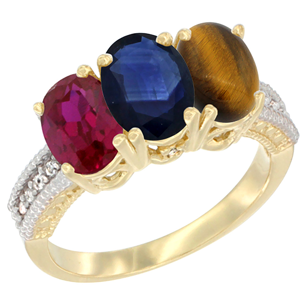10K Yellow Gold Enhanced Ruby, Natural Blue Sapphire &amp; Tiger Eye Ring 3-Stone Oval 7x5 mm, sizes 5 - 10