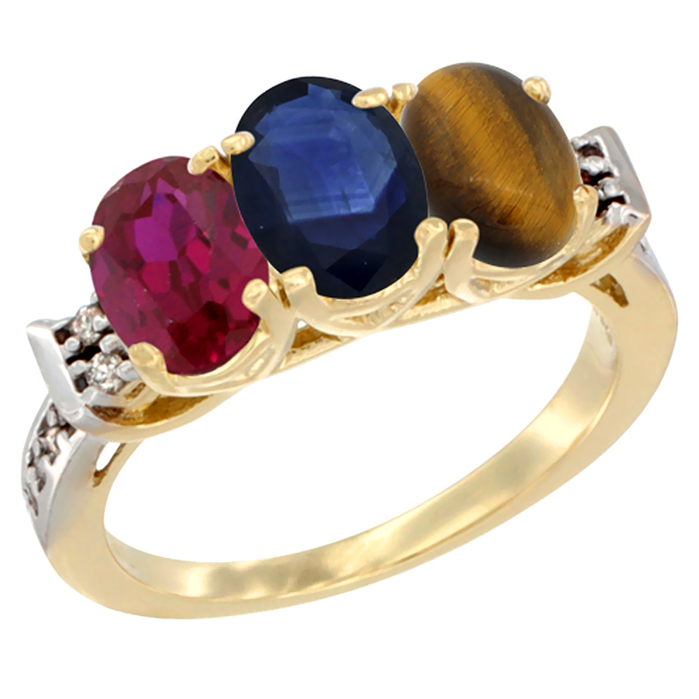 14K Yellow Gold Enhanced Ruby, Natural Blue Sapphire &amp; Tiger Eye Ring 3-Stone Oval 7x5 mm Diamond Accent, sizes 5 - 10