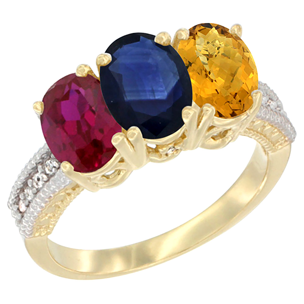 10K Yellow Gold Enhanced Ruby, Natural Blue Sapphire &amp; Whisky Quartz Ring 3-Stone Oval 7x5 mm, sizes 5 - 10