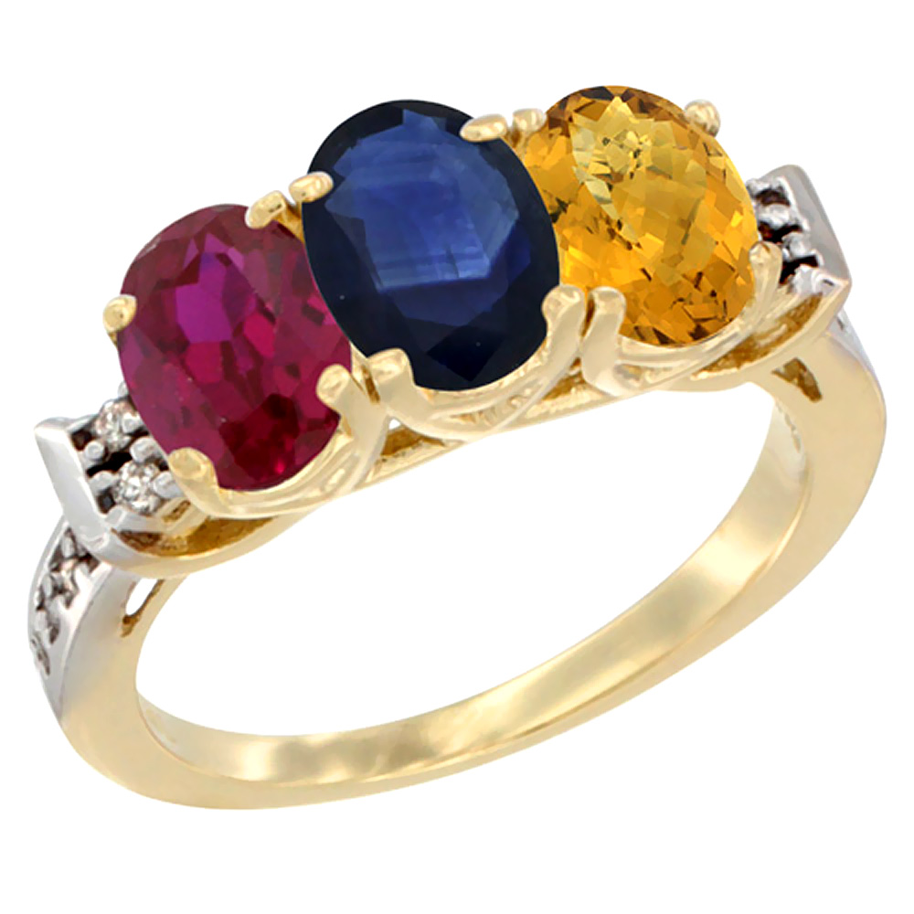 14K Yellow Gold Enhanced Ruby, Natural Blue Sapphire & Whisky Quartz Ring 3-Stone Oval 7x5 mm Diamond Accent, sizes 5 - 10