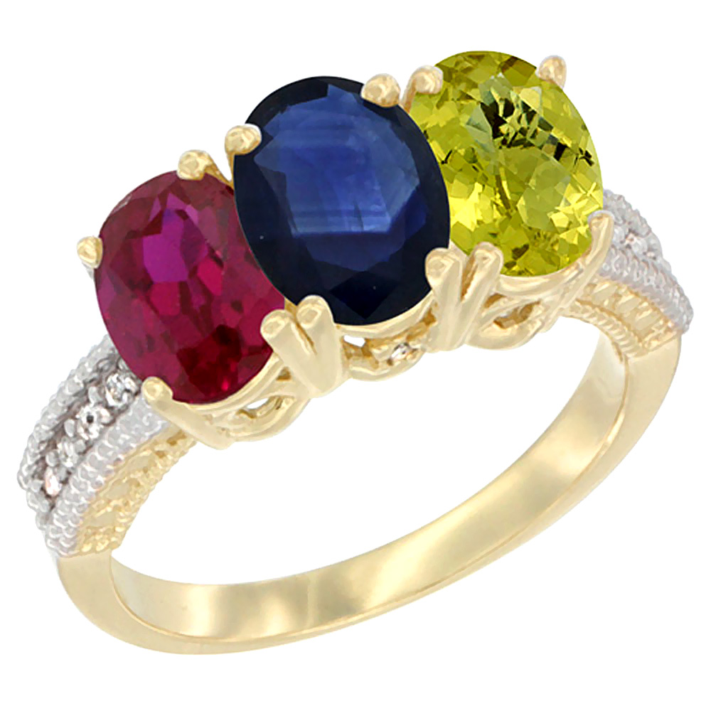 14K Yellow Gold Enhanced Enhanced Ruby, Natural Blue Sapphire & Lemon Quartz Ring 3-Stone Oval 7x5 mm Diamond Accent, sizes 5 - 10