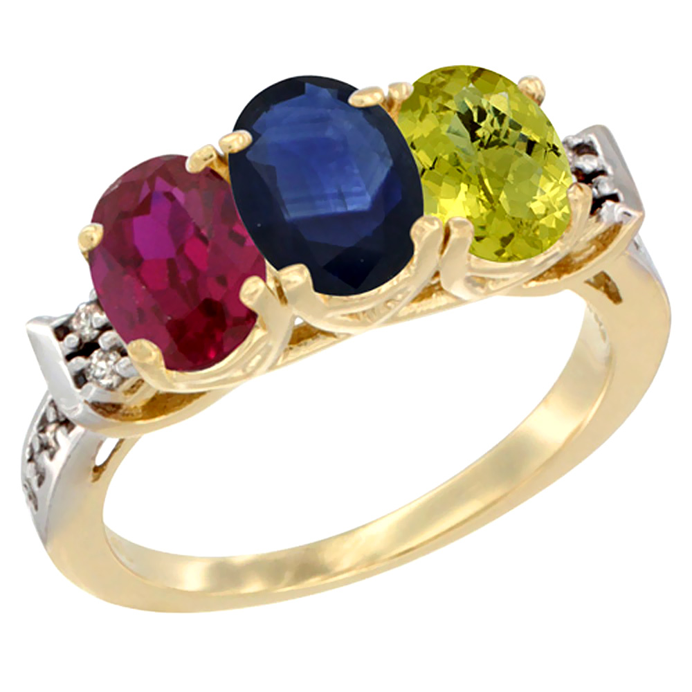 14K Yellow Gold Enhanced Ruby, Natural Blue Sapphire & Lemon Quartz Ring 3-Stone Oval 7x5 mm Diamond Accent, sizes 5 - 10