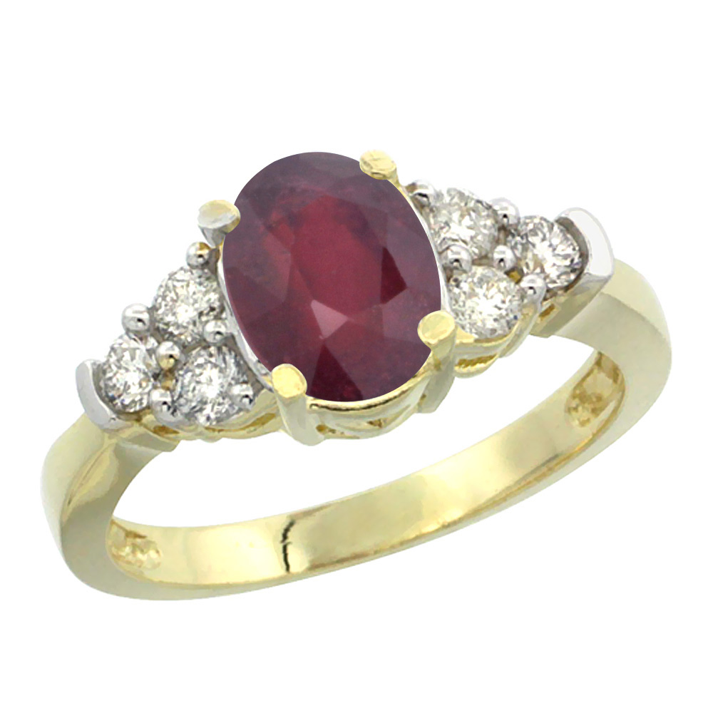 14K Yellow Gold Natural Ruby Ring Oval 9x7mm Diamond Accent, sizes 5-10