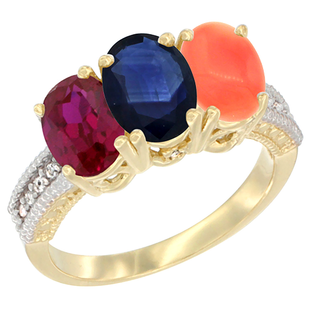 14K Yellow Gold Enhanced Enhanced Ruby, Natural Blue Sapphire & Coral Ring 3-Stone Oval 7x5 mm Diamond Accent, sizes 5 - 10