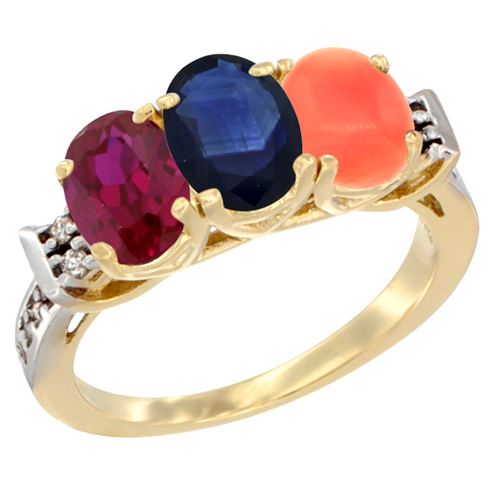 14K Yellow Gold Enhanced Ruby, Natural Blue Sapphire & Coral Ring 3-Stone Oval 7x5 mm Diamond Accent, sizes 5 - 10
