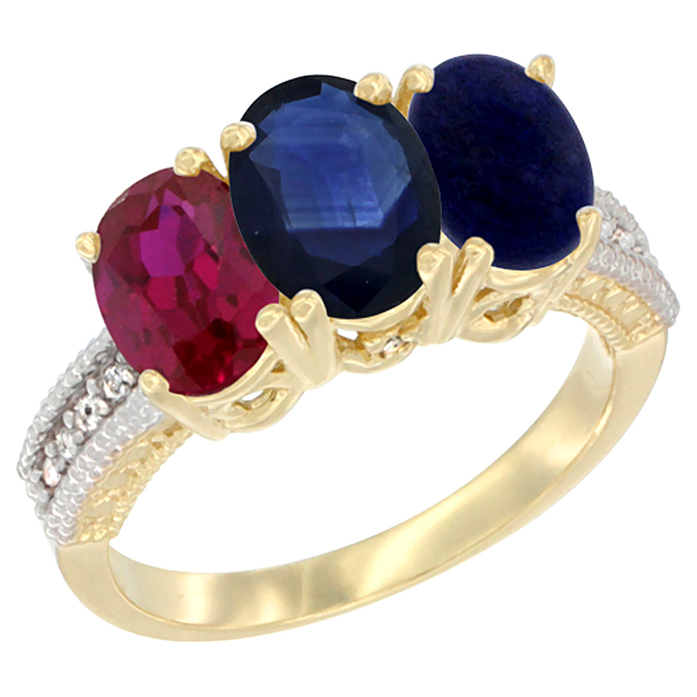 10K Yellow Gold Enhanced Ruby, Natural Blue Sapphire &amp; Lapis Ring 3-Stone Oval 7x5 mm, sizes 5 - 10