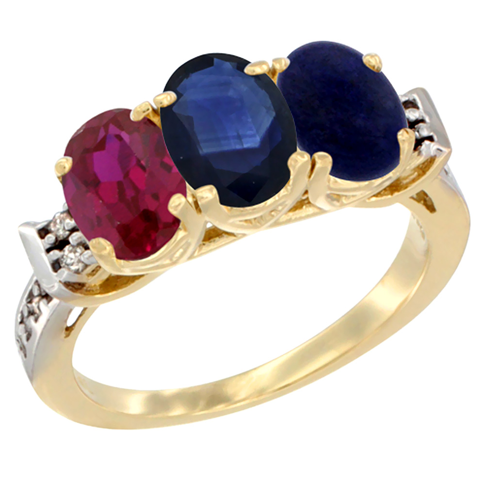 10K Yellow Gold Enhanced Ruby, Natural Blue Sapphire & Lapis Ring 3-Stone Oval 7x5 mm Diamond Accent, sizes 5 - 10