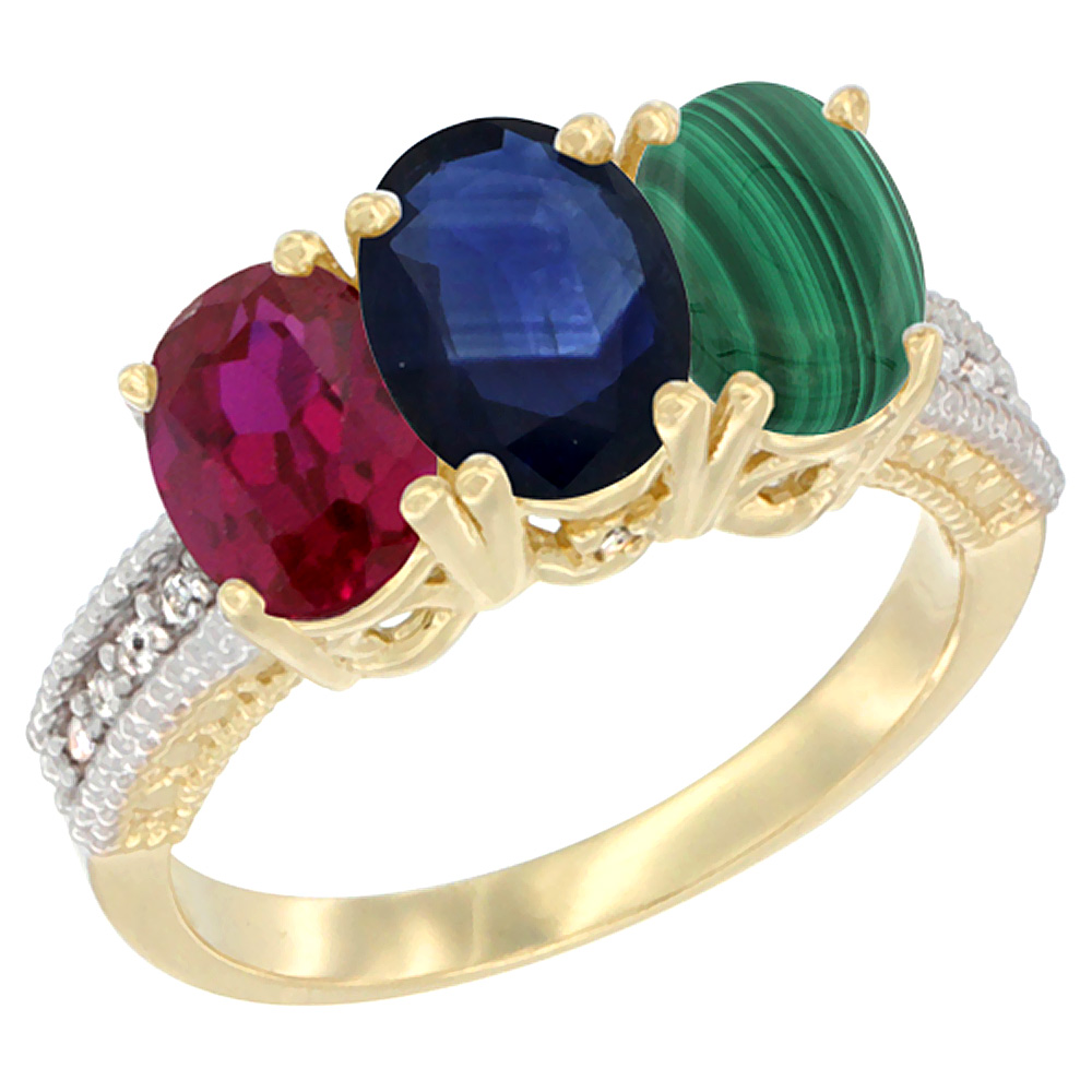 10K Yellow Gold Enhanced Ruby, Natural Blue Sapphire &amp; Malachite Ring 3-Stone Oval 7x5 mm, sizes 5 - 10