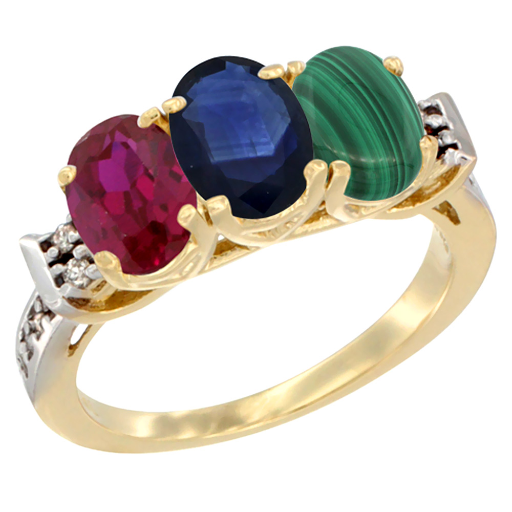 10K Yellow Gold Enhanced Ruby, Natural Blue Sapphire & Malachite Ring 3-Stone Oval 7x5 mm Diamond Accent, sizes 5 - 10