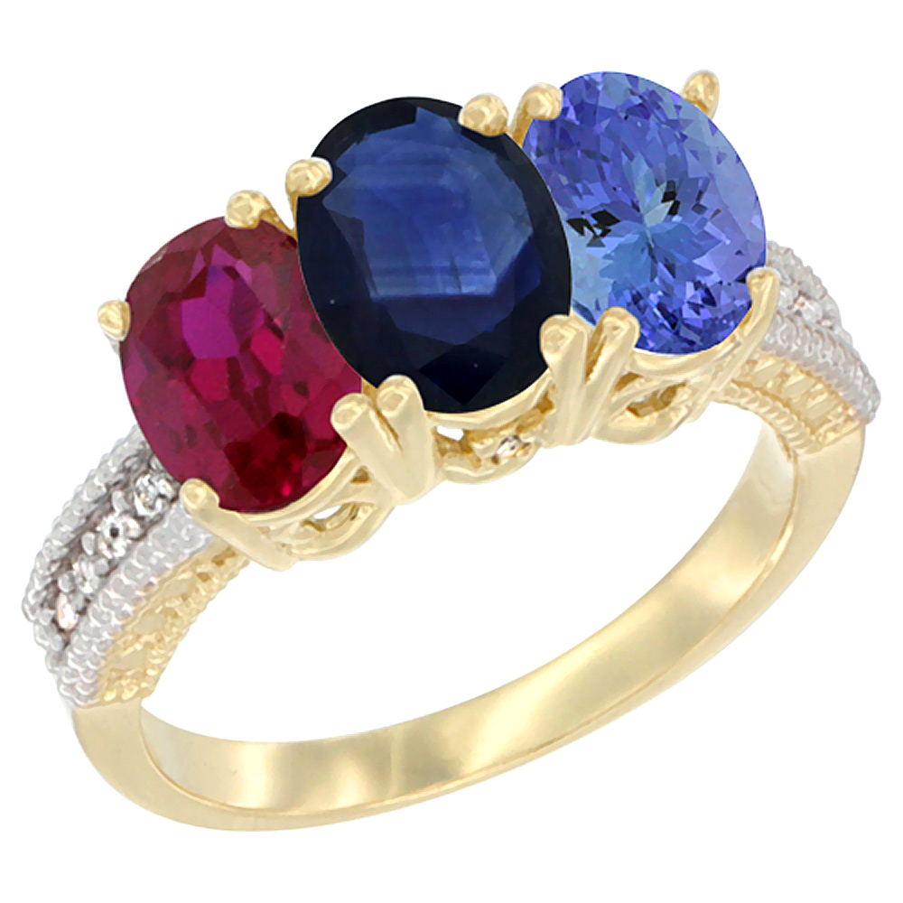 14K Yellow Gold Enhanced Enhanced Ruby, Natural Blue Sapphire & Tanzanite Ring 3-Stone Oval 7x5 mm Diamond Accent, sizes 5 - 10