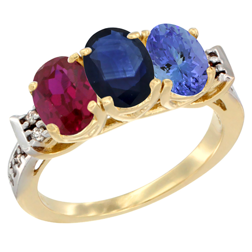 10K Yellow Gold Enhanced Ruby, Natural Blue Sapphire & Tanzanite Ring 3-Stone Oval 7x5 mm Diamond Accent, sizes 5 - 10