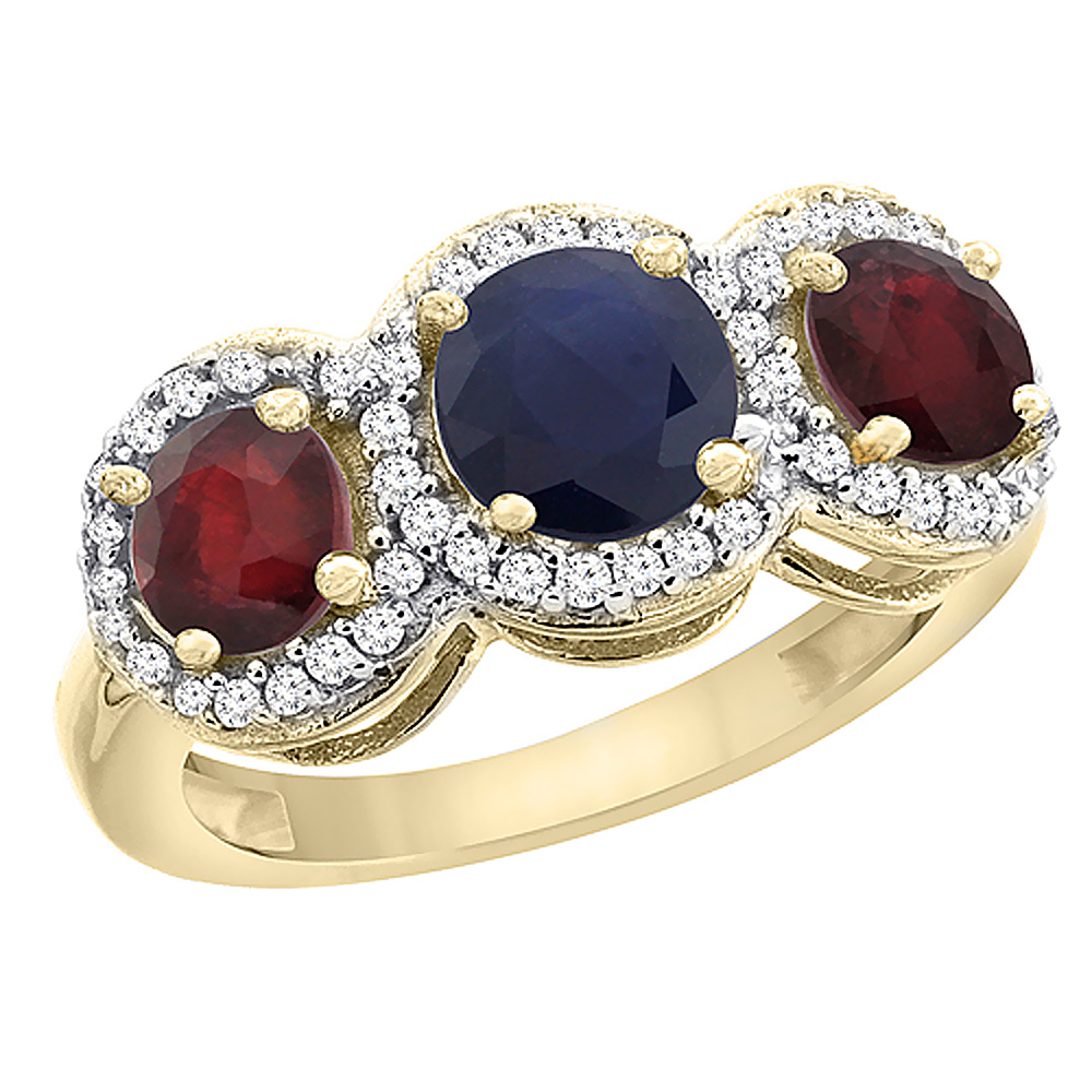 10K Yellow Gold Natural High Quality Blue Sapphire & Enhanced Ruby Sides Round 3-stone Ring Diamond Accents, sizes 5 - 10