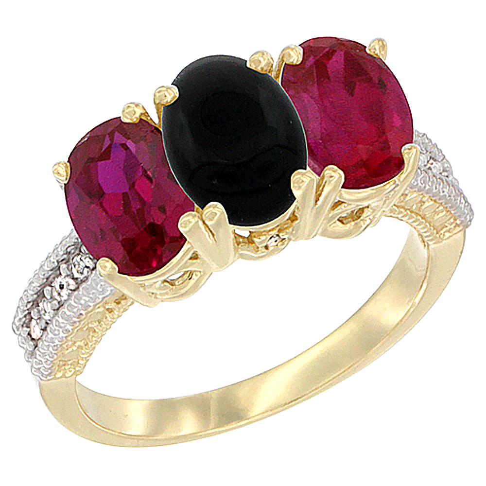 14K Yellow Gold Natural Black Onyx &amp; Enhanced Ruby Sides Ring 3-Stone Oval 7x5 mm Diamond Accent, sizes 5 - 10