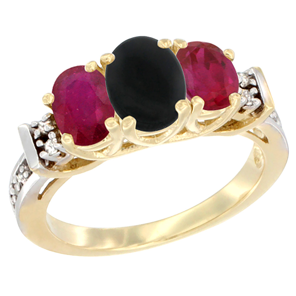 14K Yellow Gold Natural Black Onyx &amp; Enhanced Ruby Ring 3-Stone Oval Diamond Accent