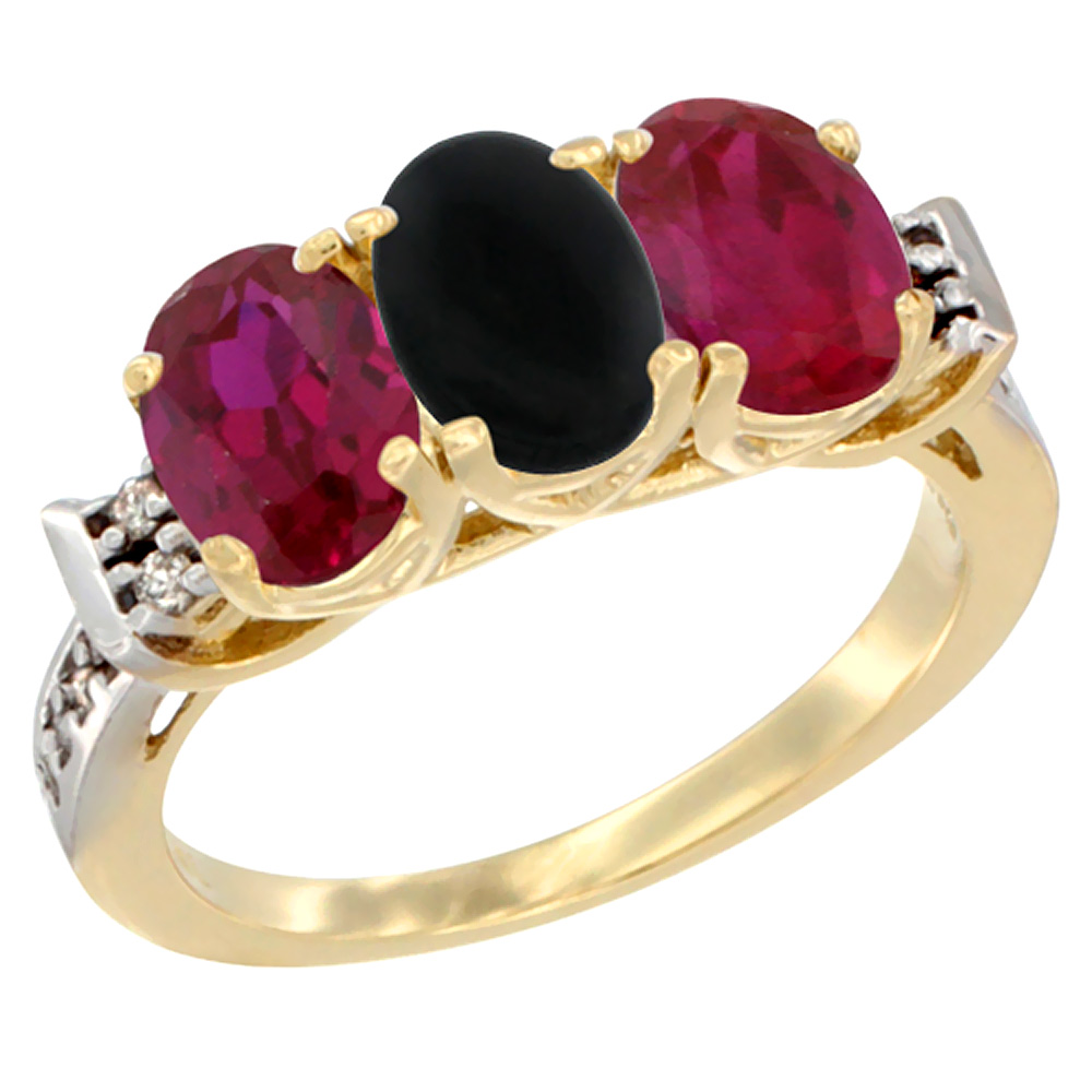 14K Yellow Gold Natural Black Onyx & Enhanced Ruby Sides Ring 3-Stone Oval 7x5 mm Diamond Accent, sizes 5 - 10