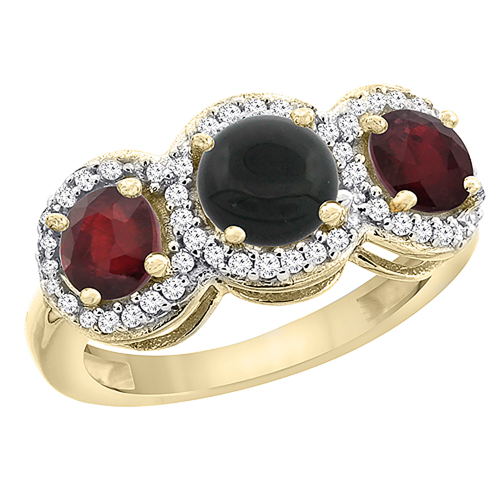 14K Yellow Gold Natural Black Onyx &amp; Enhanced Ruby Sides Round 3-stone Ring Diamond Accents, sizes 5 - 10