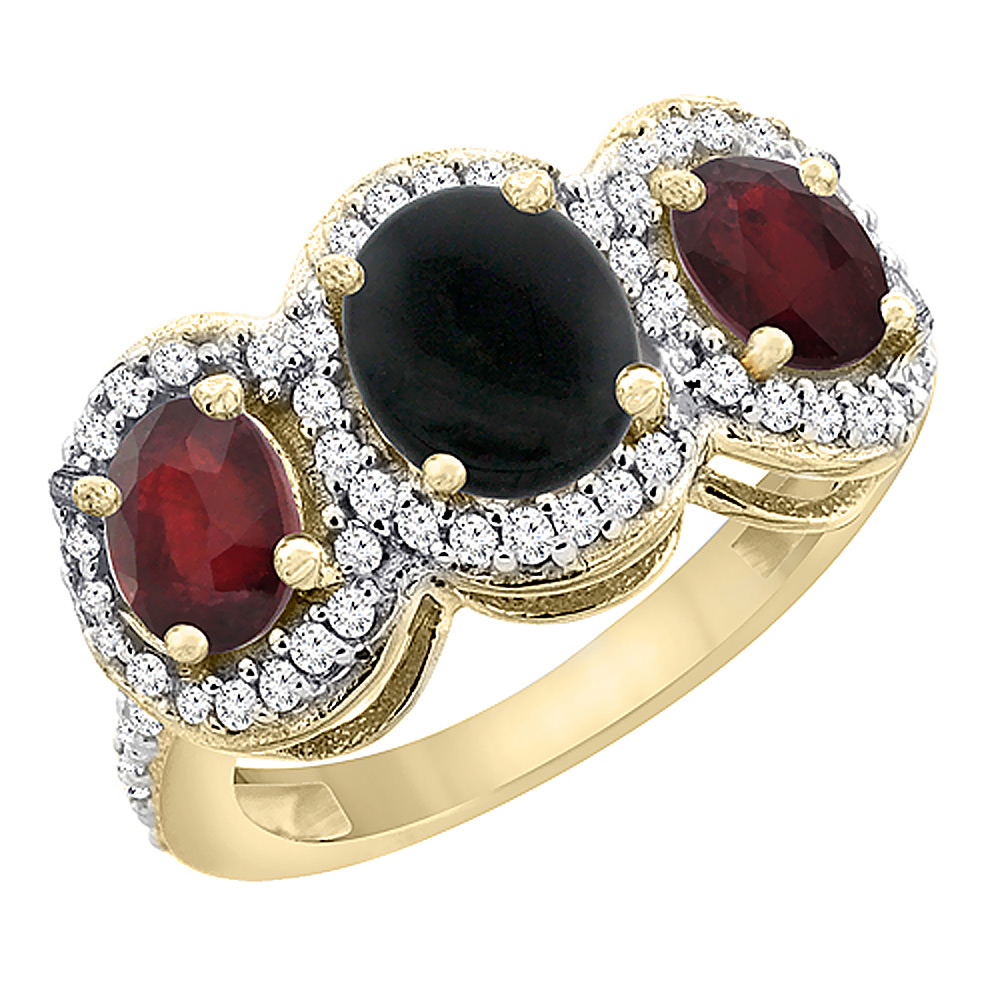 14K Yellow Gold Natural Black Onyx &amp; Enhanced Ruby 3-Stone Ring Oval Diamond Accent, sizes 5 - 10