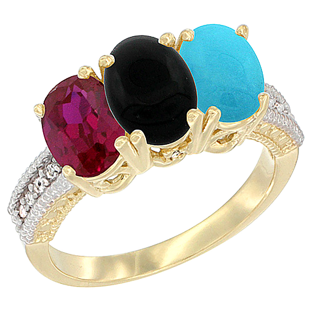 14K Yellow Gold Enhanced Enhanced Ruby, Natural Black Onyx & Turquoise Ring 3-Stone Oval 7x5 mm Diamond Accent, sizes 5 - 10
