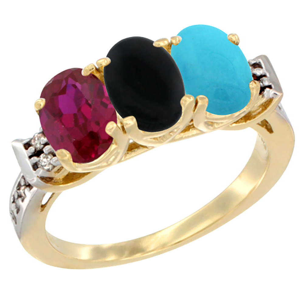 10K Yellow Gold Enhanced Ruby, Natural Black Onyx & Turquoise Ring 3-Stone Oval 7x5 mm Diamond Accent, sizes 5 - 10