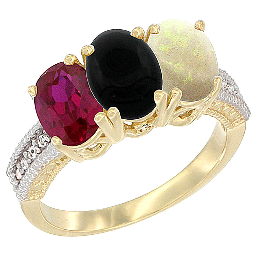 10K Yellow Gold Enhanced Ruby, Natural Black Onyx & Opal Ring 3-Stone Oval 7x5 mm, sizes 5 - 10