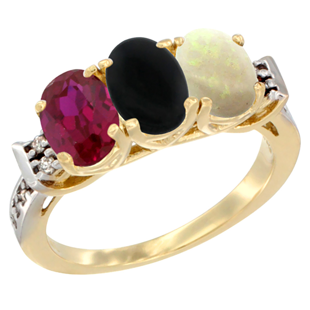 10K Yellow Gold Enhanced Ruby, Natural Black Onyx &amp; Opal Ring 3-Stone Oval 7x5 mm Diamond Accent, sizes 5 - 10