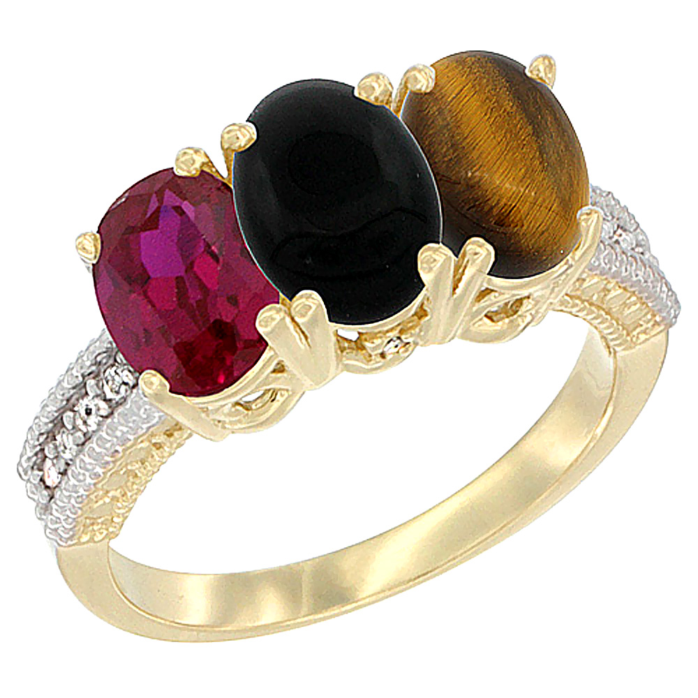 10K Yellow Gold Enhanced Ruby, Natural Black Onyx & Tiger Eye Ring 3-Stone Oval 7x5 mm, sizes 5 - 10