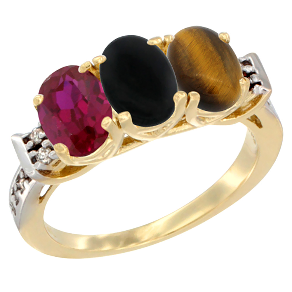 10K Yellow Gold Enhanced Ruby, Natural Black Onyx & Tiger Eye Ring 3-Stone Oval 7x5 mm Diamond Accent, sizes 5 - 10
