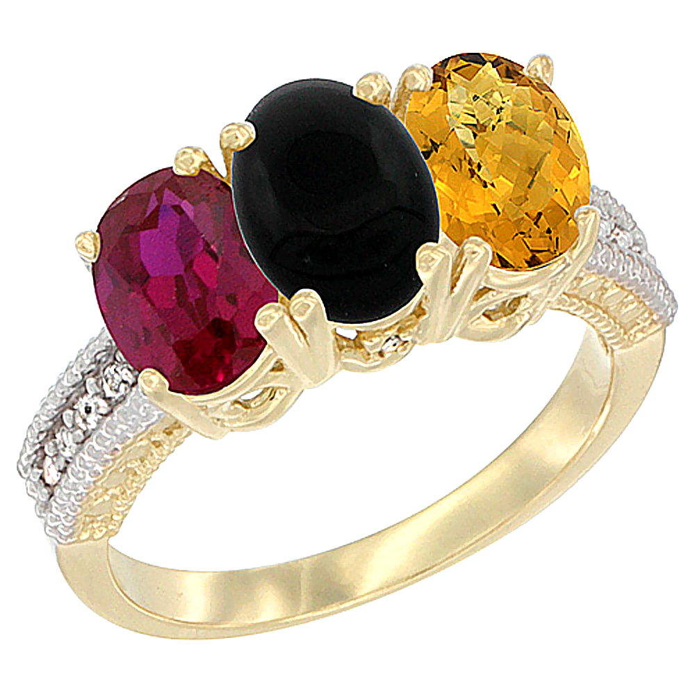 14K Yellow Gold Enhanced Enhanced Ruby, Natural Black Onyx &amp; Whisky Quartz Ring 3-Stone Oval 7x5 mm Diamond Accent, sizes 5 - 10