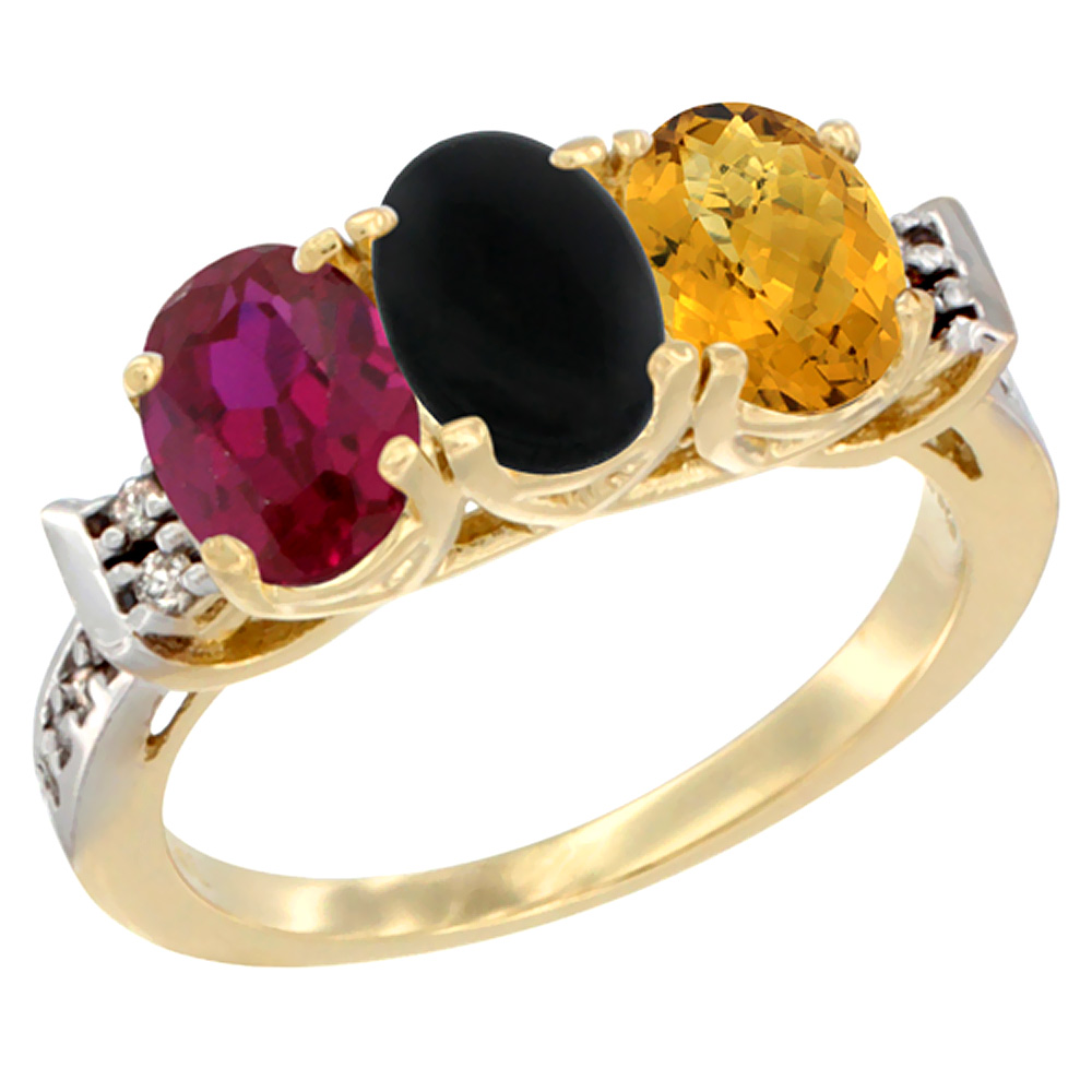 10K Yellow Gold Enhanced Ruby, Natural Black Onyx & Whisky Quartz Ring 3-Stone Oval 7x5 mm Diamond Accent, sizes 5 - 10