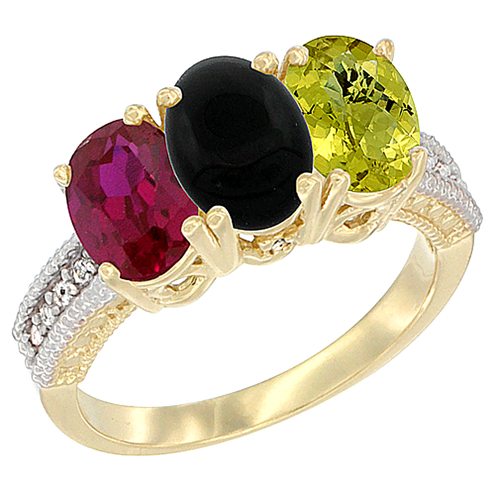 14K Yellow Gold Enhanced Enhanced Ruby, Natural Black Onyx &amp; Lemon Quartz Ring 3-Stone Oval 7x5 mm Diamond Accent, sizes 5 - 10