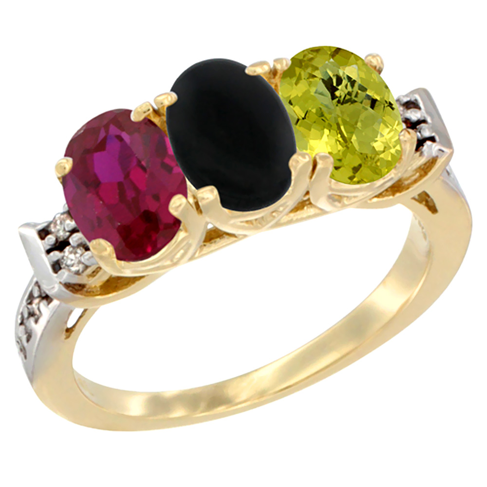 10K Yellow Gold Enhanced Ruby, Natural Black Onyx & Lemon Quartz Ring 3-Stone Oval 7x5 mm Diamond Accent, sizes 5 - 10
