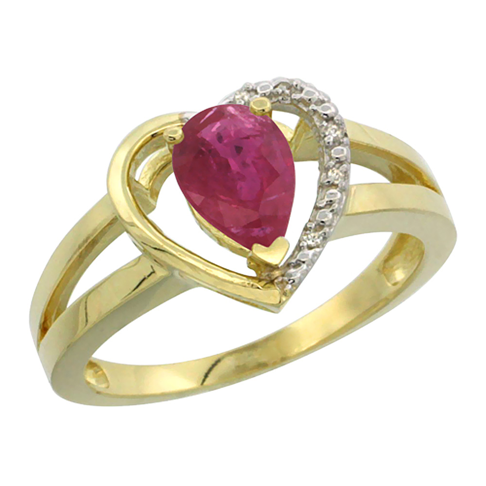 10K Yellow Gold Natural Ruby Heart Ring Pear 7x5 mm Diamond Accent, sizes 5-10