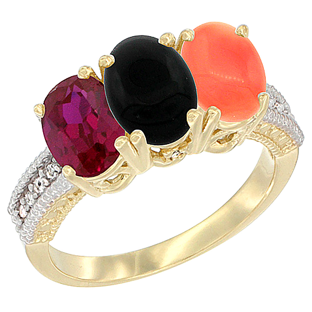 14K Yellow Gold Enhanced Enhanced Ruby, Natural Black Onyx & Coral Ring 3-Stone Oval 7x5 mm Diamond Accent, sizes 5 - 10