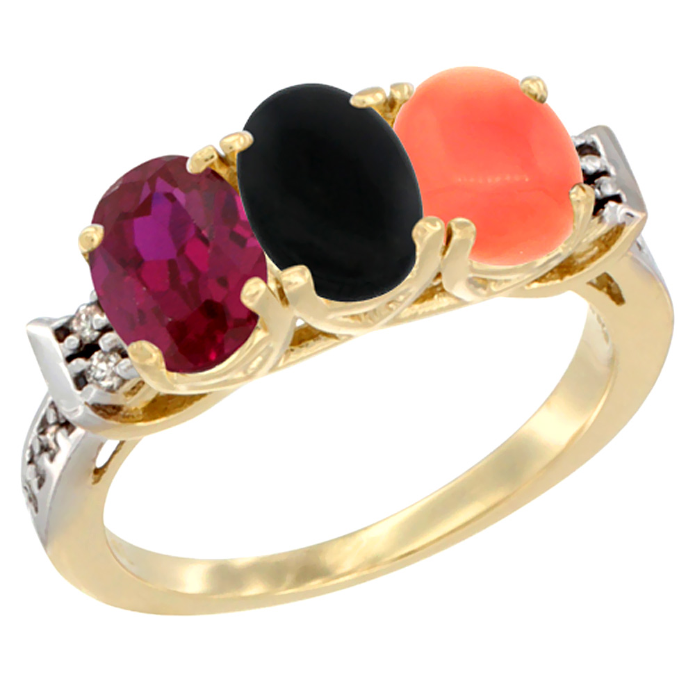 10K Yellow Gold Enhanced Ruby, Natural Black Onyx & Coral Ring 3-Stone Oval 7x5 mm Diamond Accent, sizes 5 - 10